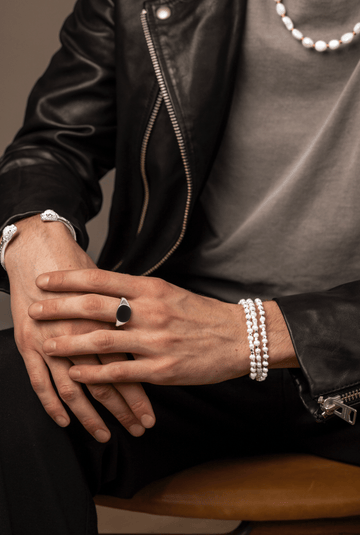 Nialaya Men's Beaded Bracelet Men's Silver Wrap-Around Bracelet with Pearls